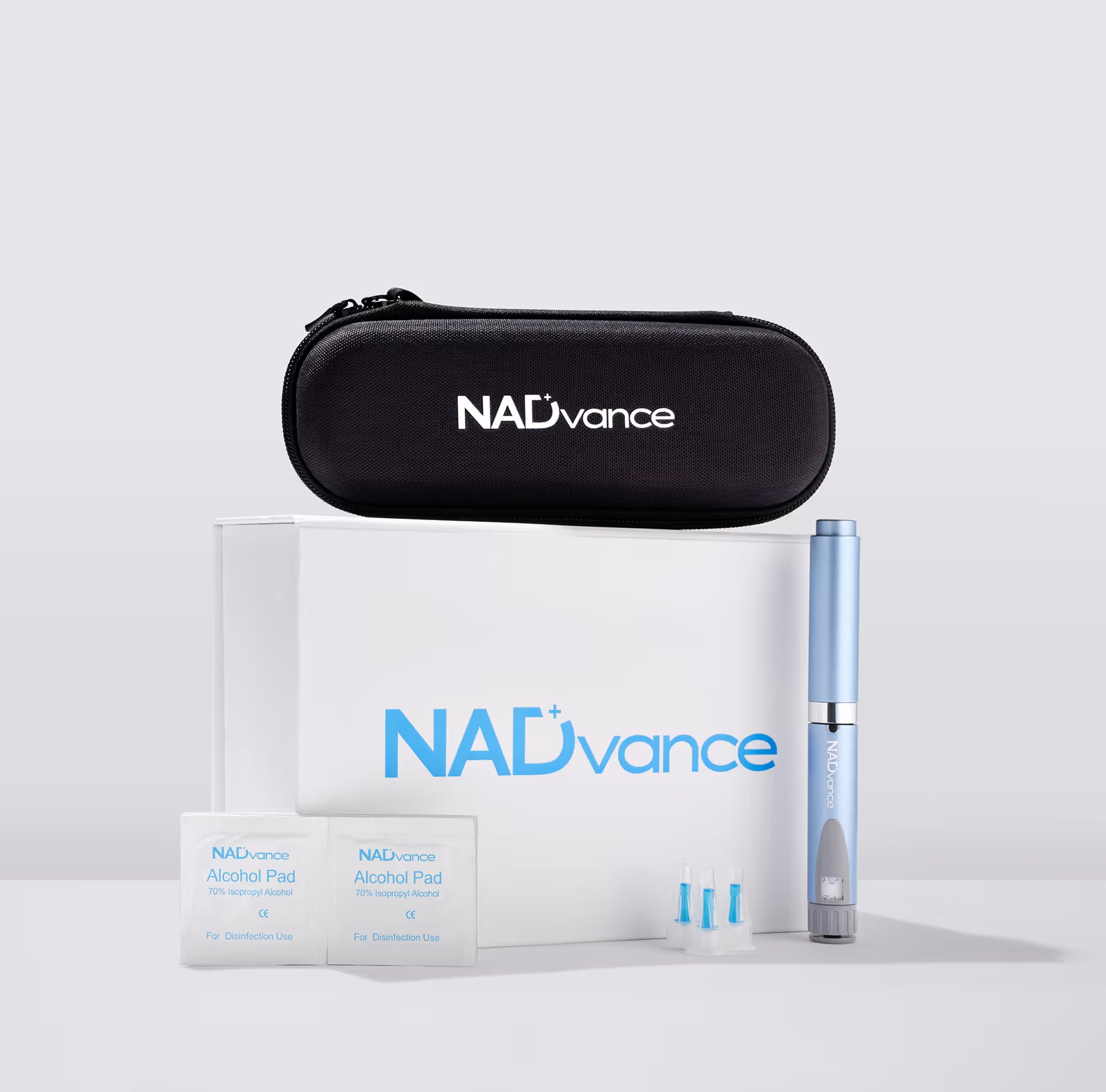 NADvance product set including a black case, white box, and blue device on a light gray background