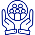 Blue icon of two hands holding a group of people inside a circle on a white background